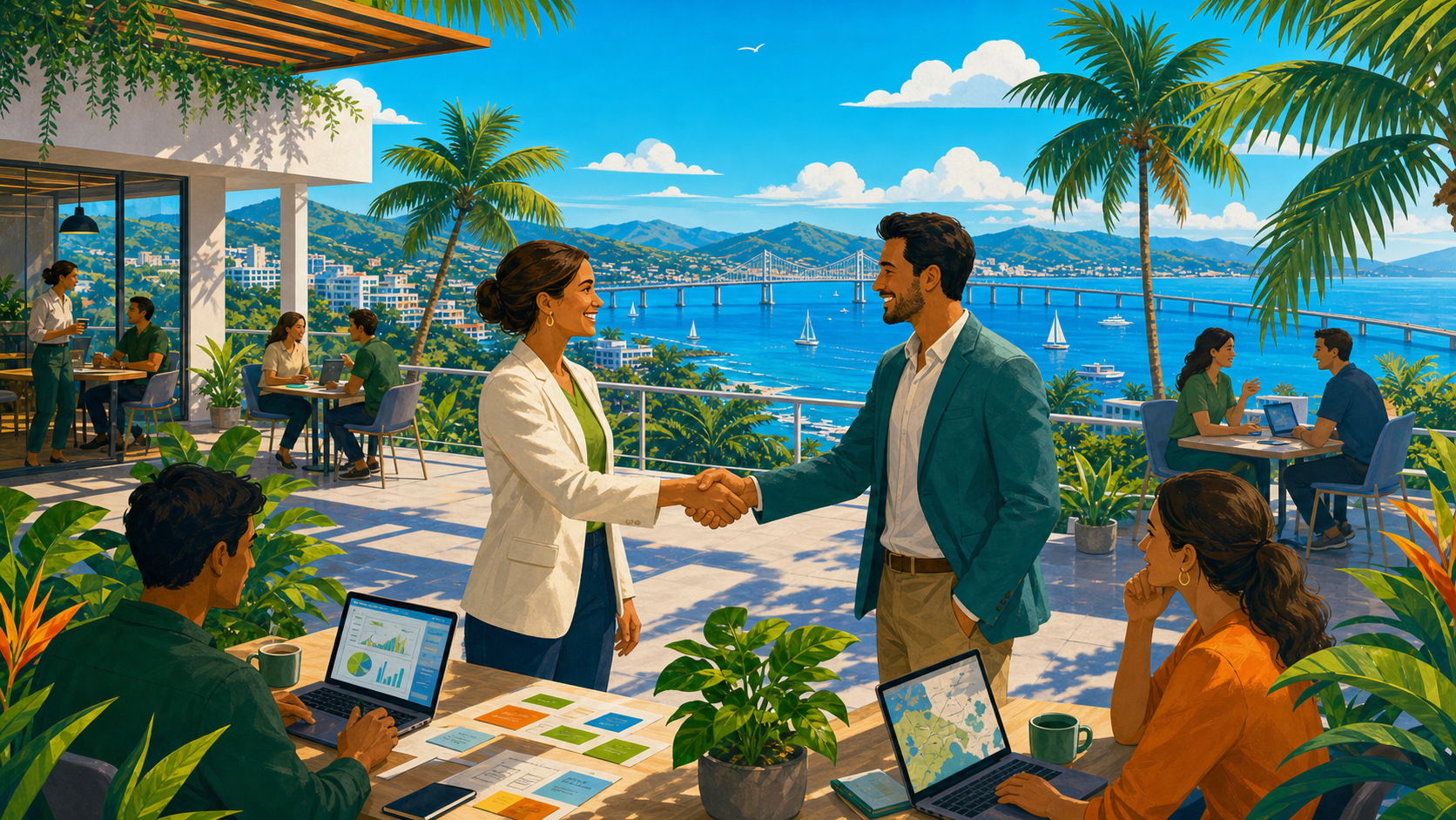 Founding partners shaking hands above the Florianopolis coastline